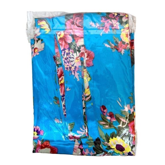 Kimono Robe Blue Floral Satin Pockets Belt Medium - Picture 3 of 6